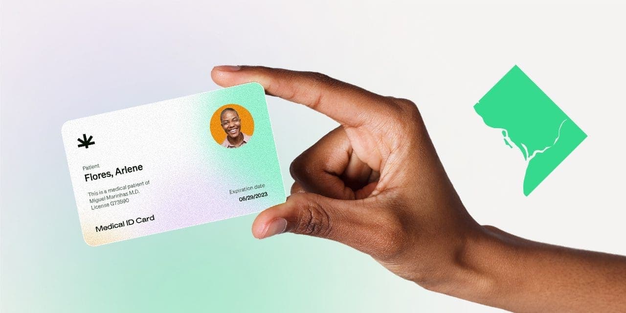 graphic of a person holding a medical card white green outline of Washington DC in background