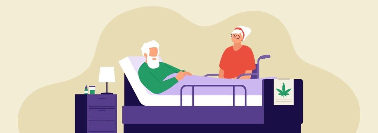 Image of a person on a bed at the end of their life, with a friend, partner, or carer sitting next to their bed and comforting them.